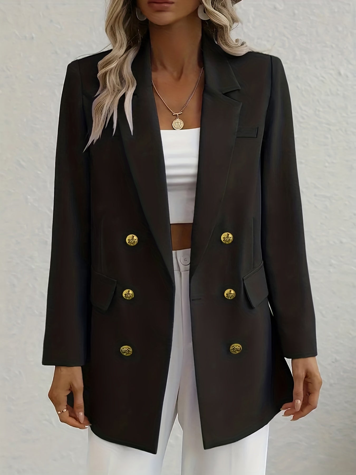 Solid Button Front Blazer Lapel Long Sleeve Blazer For Office & Work