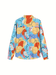 Colorblock Print Button Up Blouse