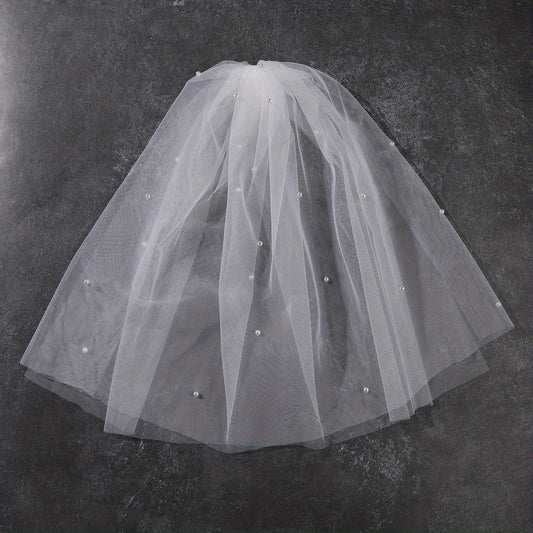 Mesh Head Veil With Comb Double Layer Bridal Veil Faux Pearl