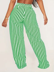  Women's Stripe Print Wide Leg Trousers
