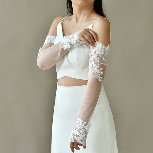 Bride Wedding Arm Sleeve Long Floral Sheer Cuff for Brides Formal Events