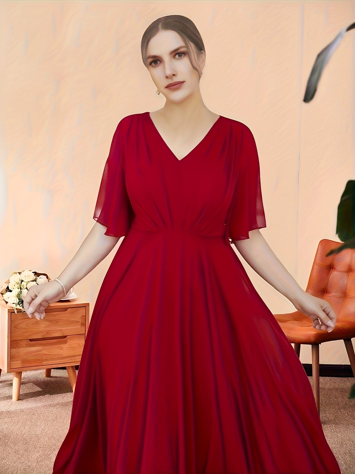  Bridesmaid Dress Solid Ruffle Sleeve V Neck Maxi Formal Party Dress