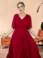  Bridesmaid Dress Solid Ruffle Sleeve V Neck Maxi Formal Party Dress
