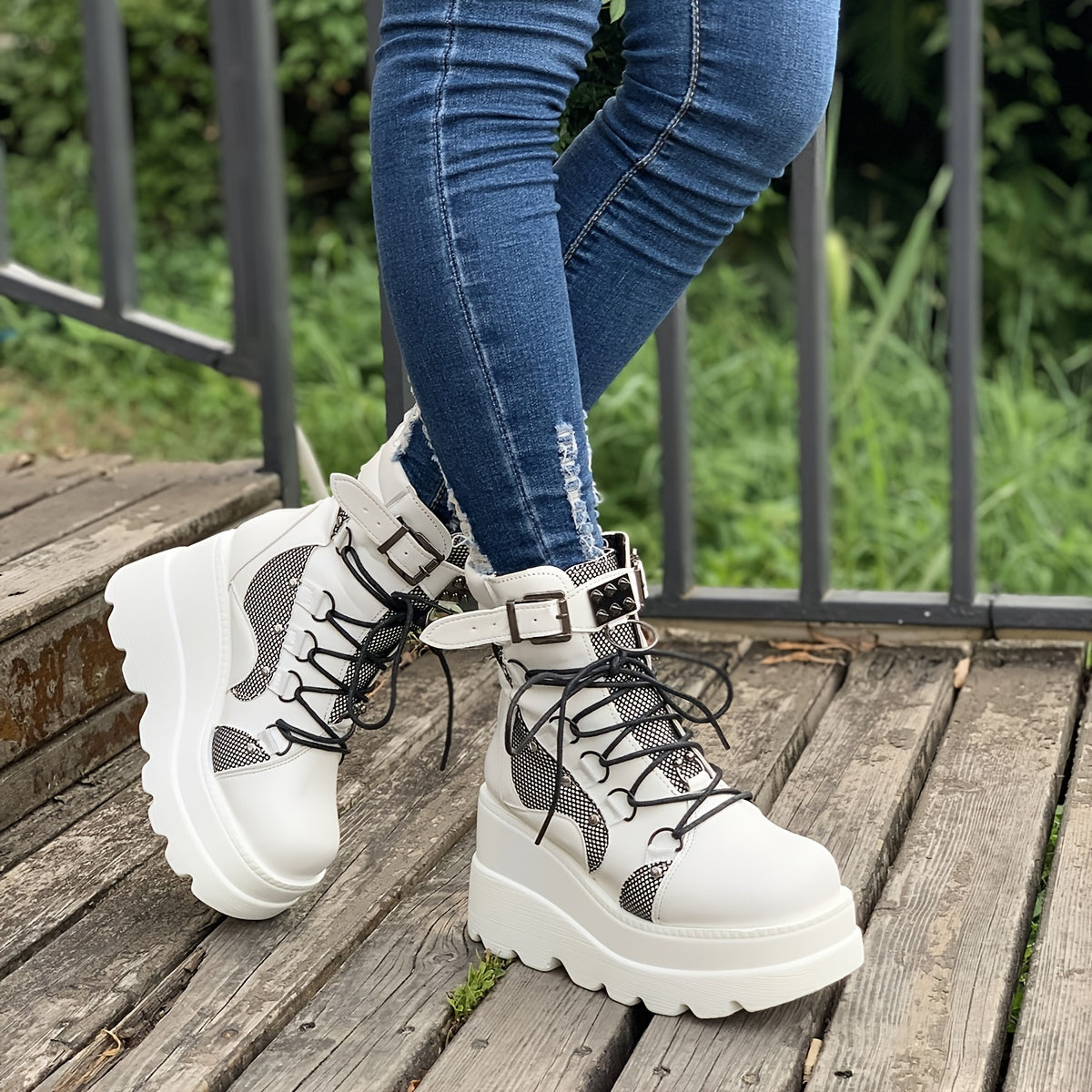Punk Style Studded Lace Up Ankle Boots