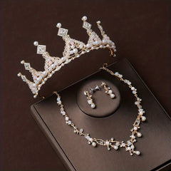 3pcs Rhinestone Bridal Set Crown Earrings Necklace