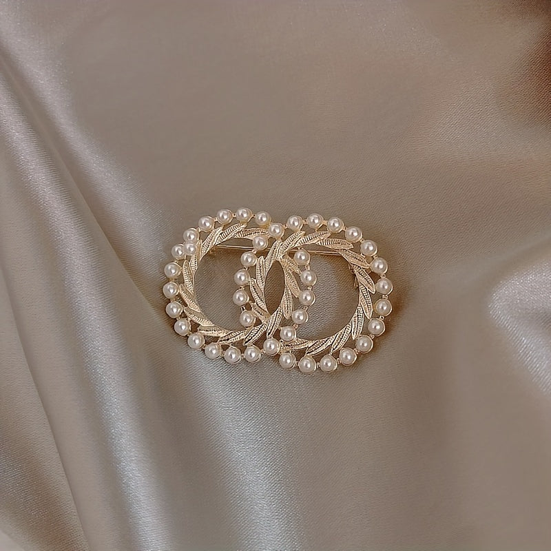 Vintage Double Rings Brooch with Faux Pearls