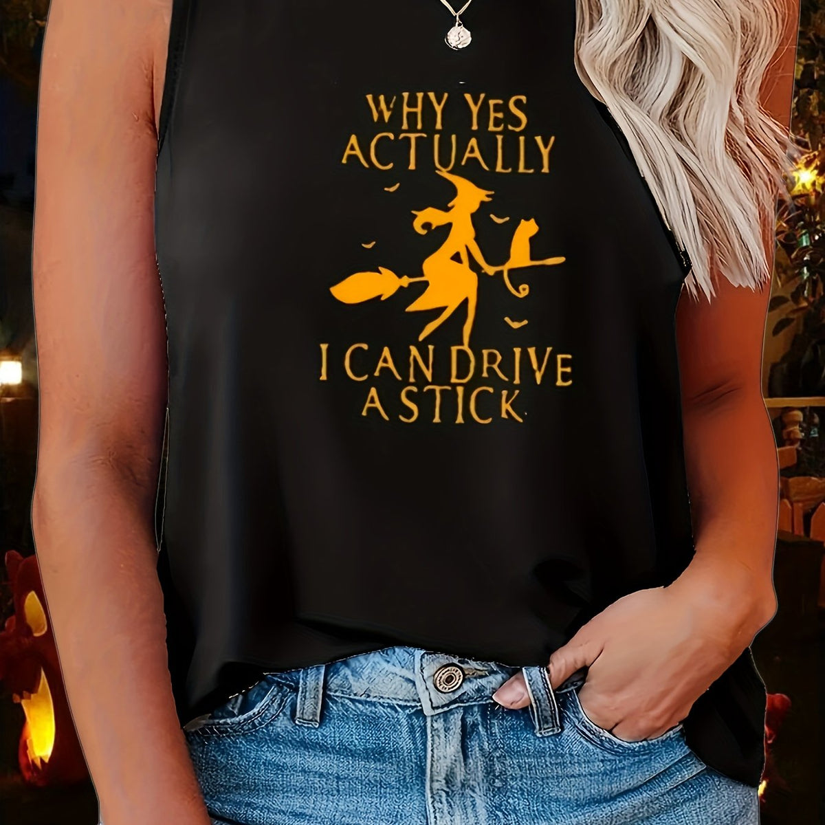  Halloween Tank Top Women's Plus Witch Print Round Neck Tank Top