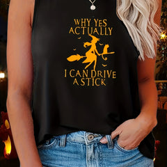  Halloween Tank Top Women's Plus Witch Print Round Neck Tank Top