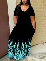  Feather Print Maxi Dress With Pockets