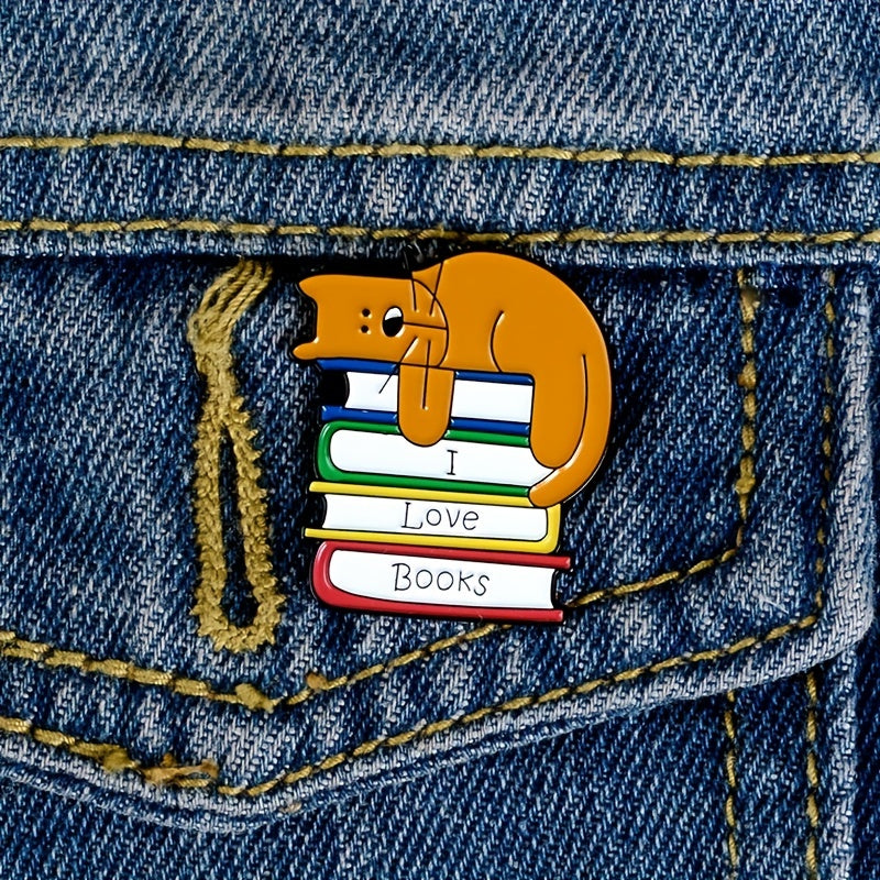Men's I LOVE BOOK Brooch With Sleeping Kitten On Book