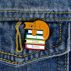 Men's I LOVE BOOK Brooch With Sleeping Kitten On Book