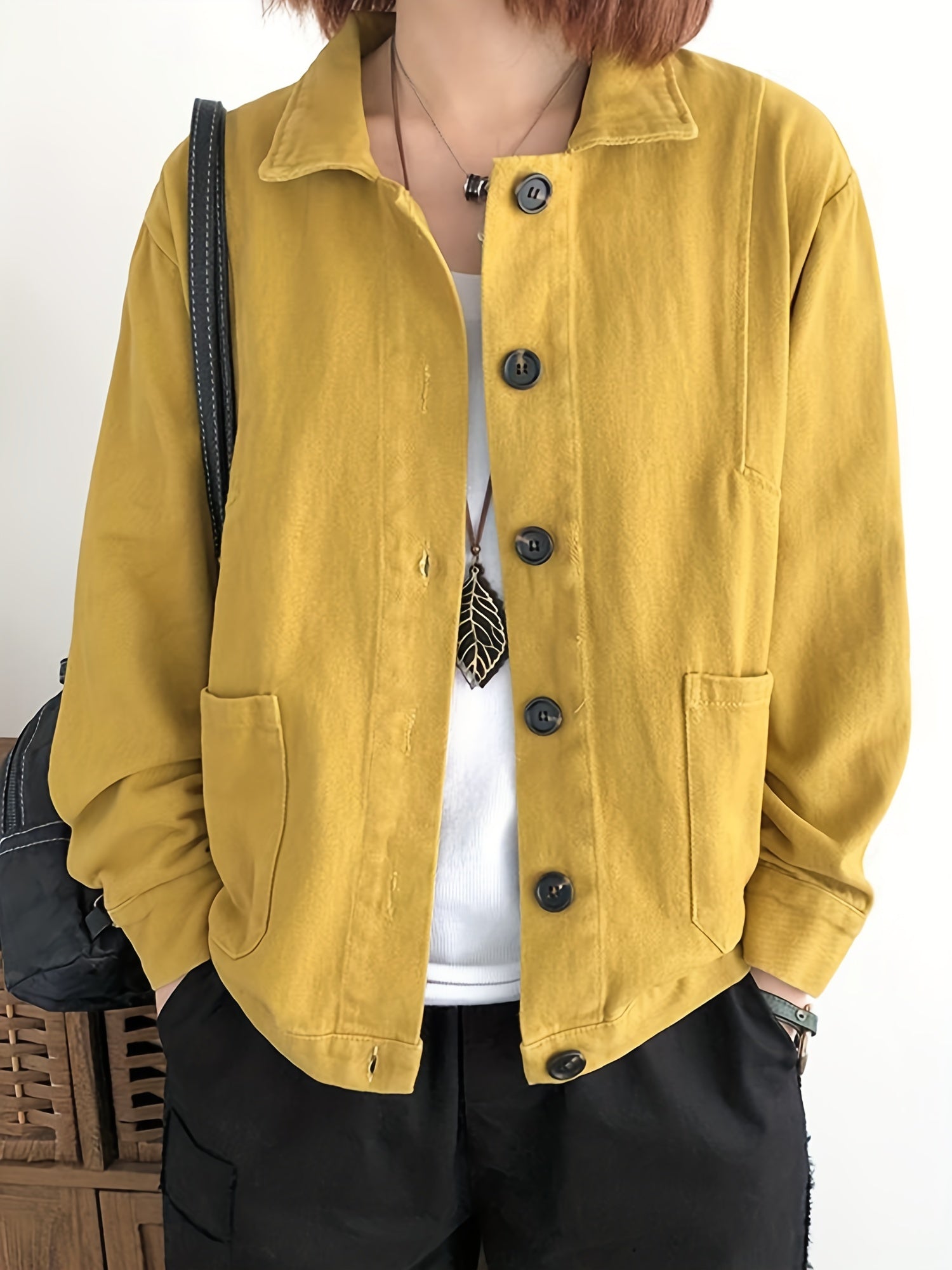 Solid Shacket Jacket with Pockets Women's Clothing