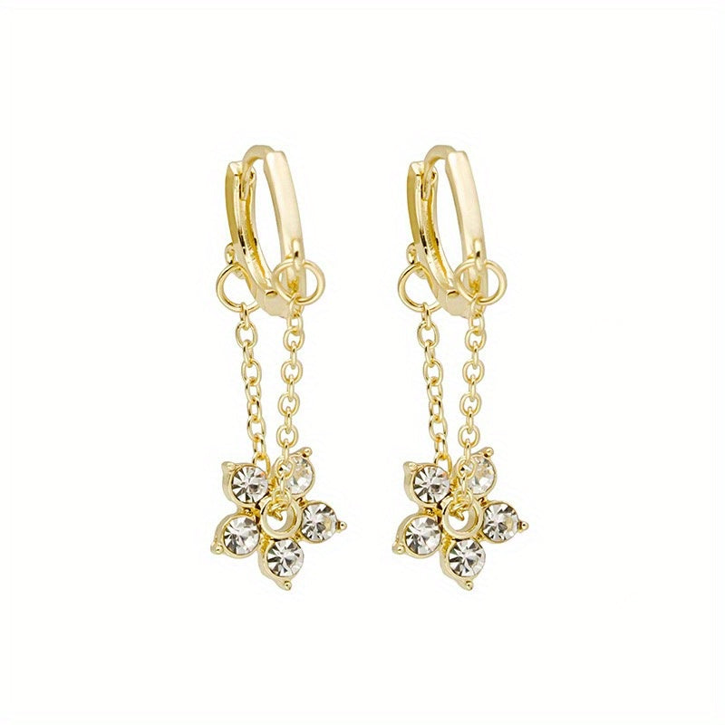 Rhinestone Flower Drop Earrings 18K Plated Hoop Huggie Ear Buckle Decor