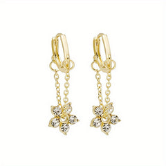 Rhinestone Flower Drop Earrings 18K Plated Hoop Huggie Ear Buckle Decor