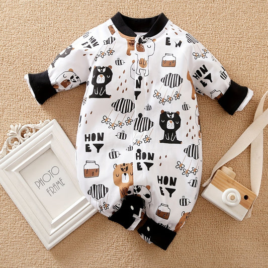 Bear Print Baby Romper Long Sleeve Cotton Bodysuit
