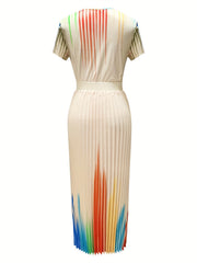 Colorful Pleated 2pc Set Crew Neck Short Sleeve Tops & Maxi Skirts Outfit