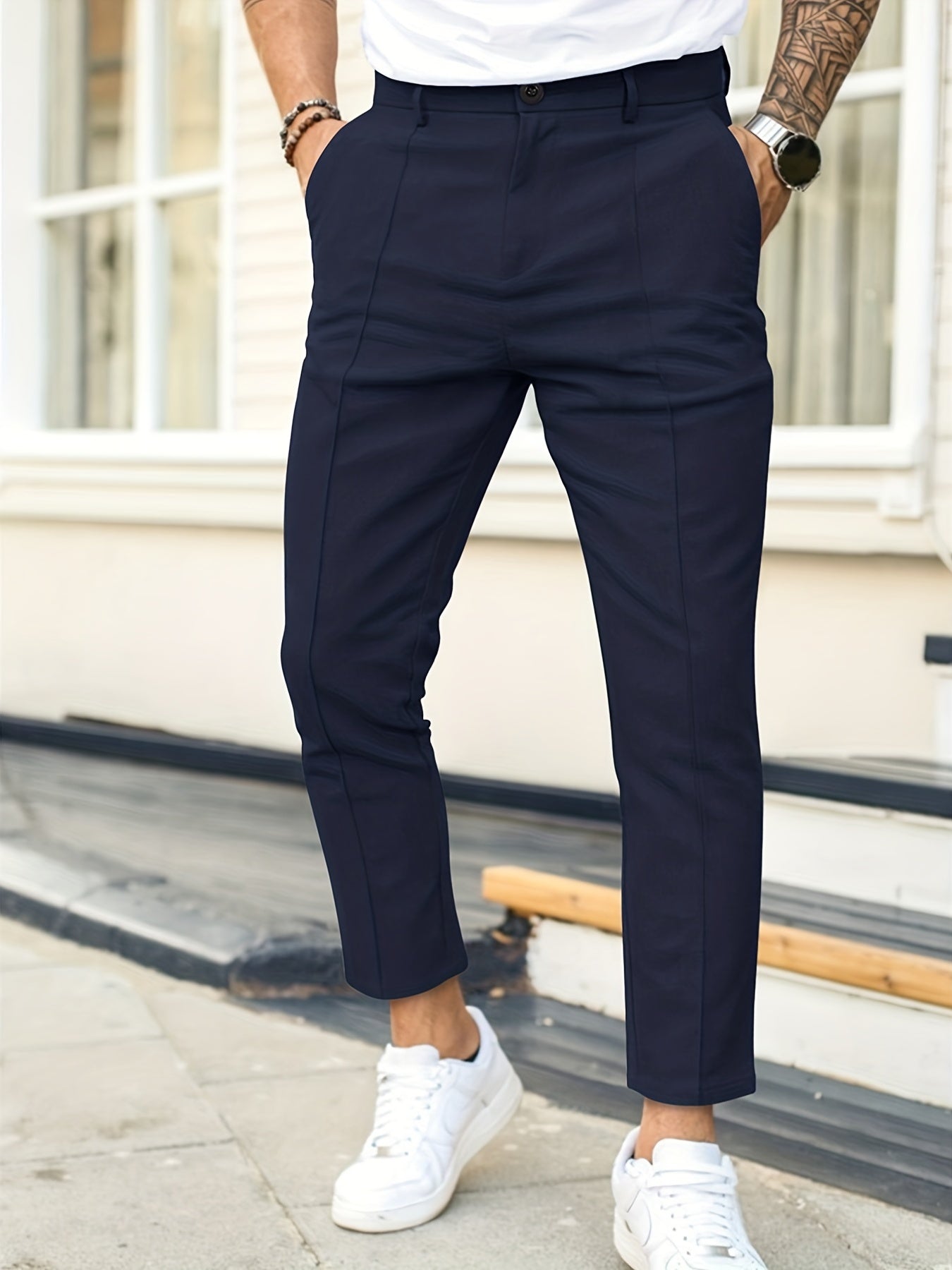 Men's Work Pockets Button Fly Slim Fit Trousers