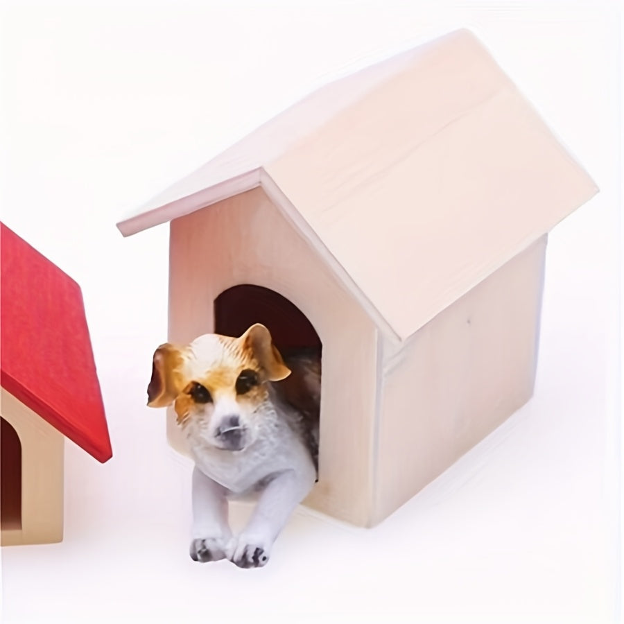 Wooden Dog House Model Toy with Puppy for Dollhouse Decor