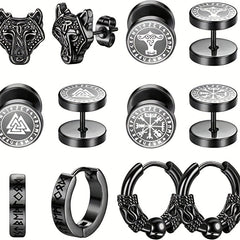 6 Pairs Stainless Steel Viking Hoop Earrings for Men