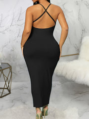  Solid Ribbed Cross Back Maxi Dress