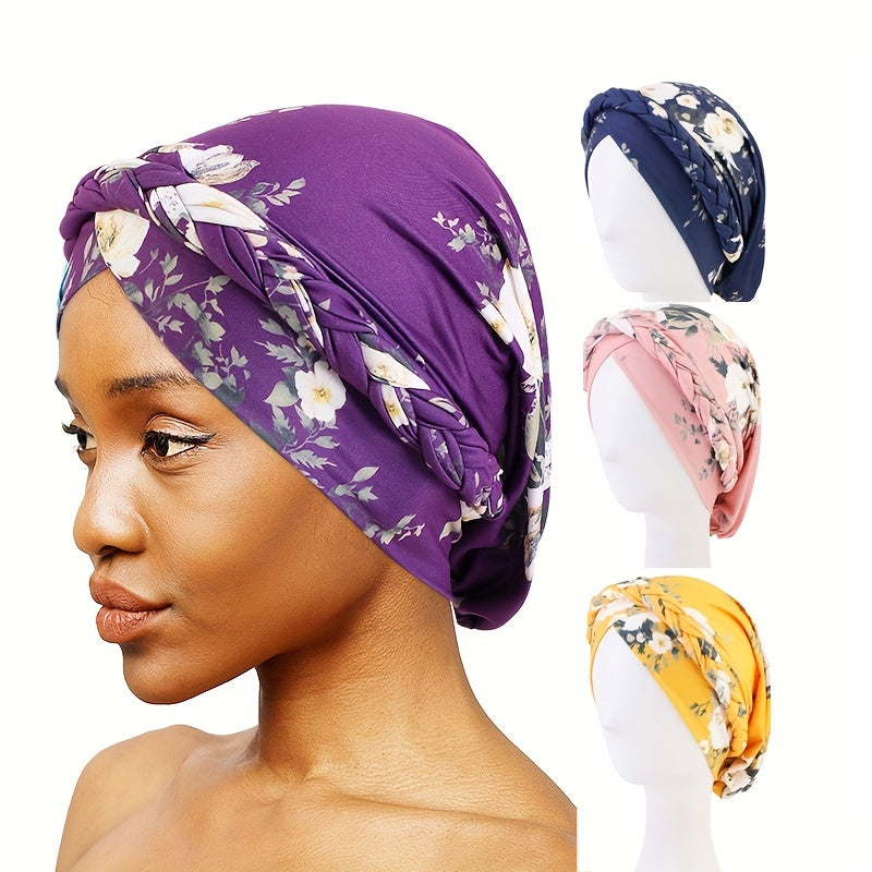 Flower Print Turban Cap Pre tied Braided Head Wrap Elastic Bonnet