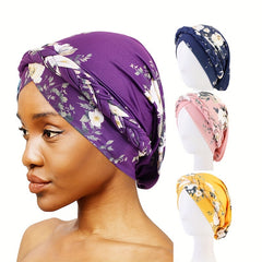 Flower Print Turban Cap Pre tied Braided Head Wrap Elastic Bonnet