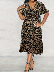  Leopard Print V Neck Ruffle Trim Maxi Dress