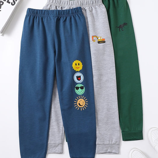Boys Cartoon Sweatpants Set with Sun Car and Dinosaur Print