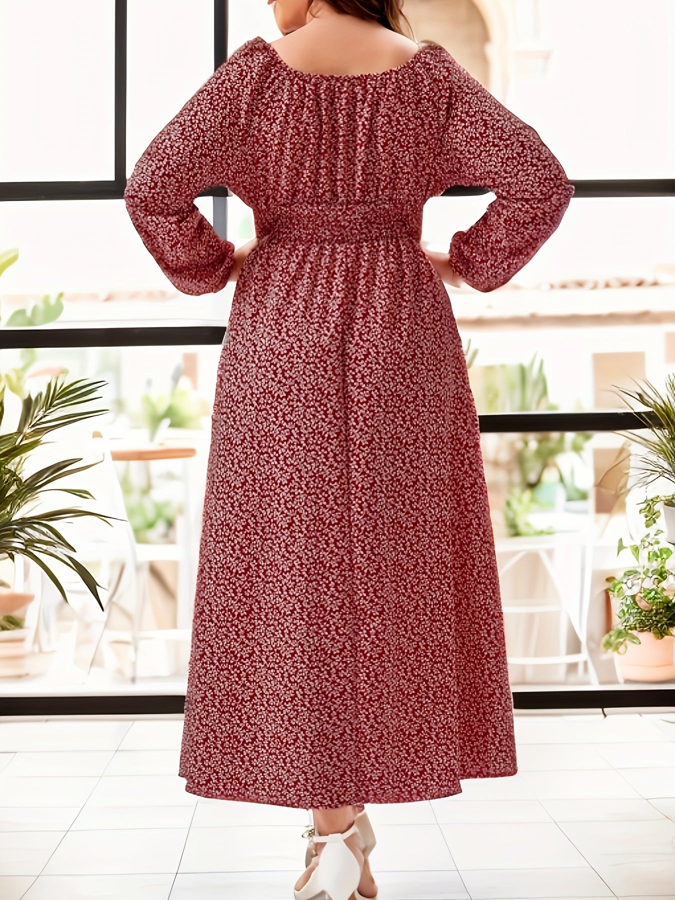  Casual Allover Print Long Sleeve Maxi Dress