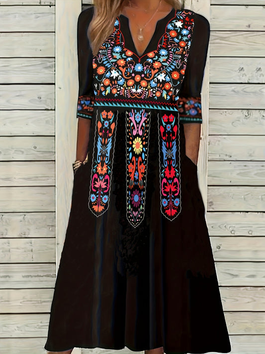  Boho Dress Women's Plus Notched Neck Tribal Print Three Quarter Sleeve