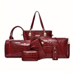 6 Pc Crocodile Pattern Bag Set Women's Shoulder Tote Handbag Crossbody Clutch Wa