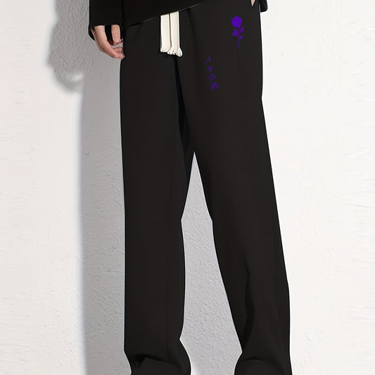 Rose Cotton Sweatpants Men's Casual Solid Loose Fit Drawstring