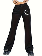  Cat & Moon Print Flared Leg Drawstring Skinny Pants