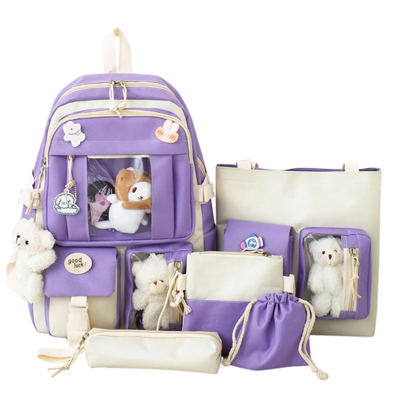 5pcs Backpack with Shoulder Bag Handbag Pencil Case Drawstring Bags for Teens