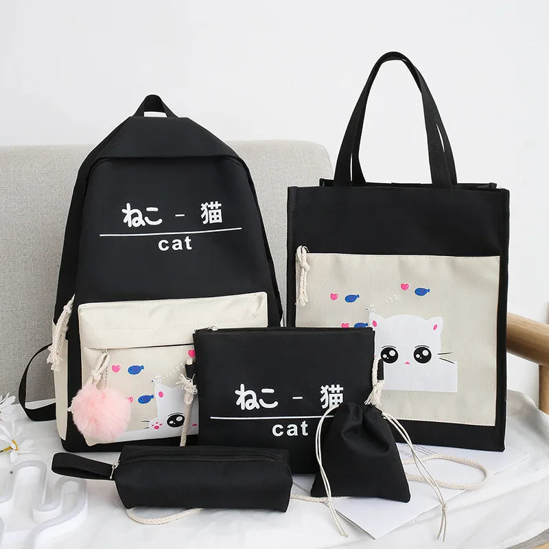 Cat Pattern Canvas Schoolbag Set with Tote and Pencil Case