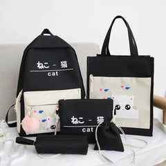 Cat Pattern Canvas Schoolbag Set with Tote and Pencil Case