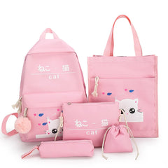 Cat Pattern Canvas Schoolbag Set with Tote and Pencil Case