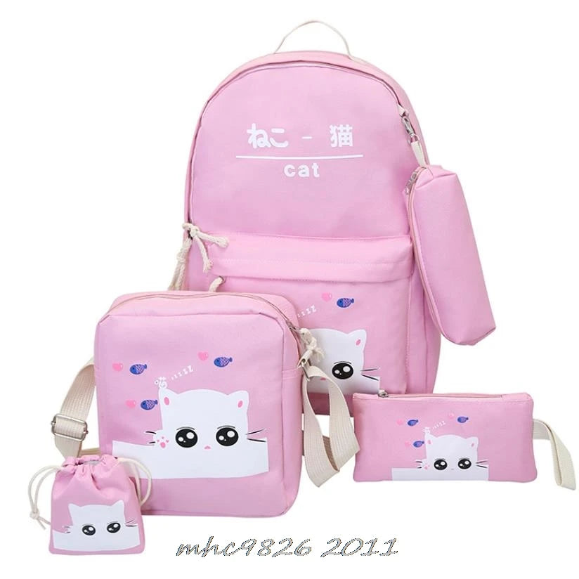 Canvas Women Backpacks Schoolbag Cat Print Rucksack For Teenager Girls