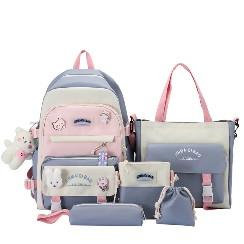 5pcs/set School Backpack Bag for Teenager Girls Large Capacity School Shoulder B