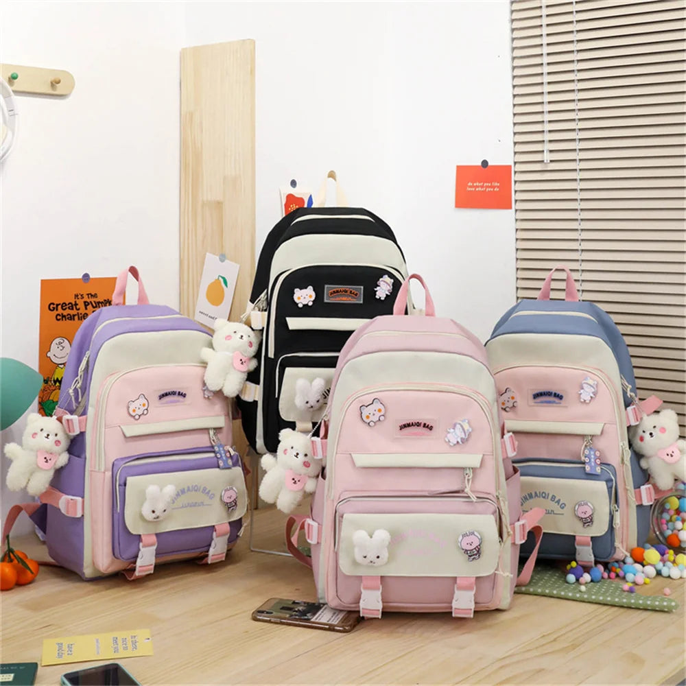 5pcs/set School Backpack Bag for Teenager Girls Large Capacity School Shoulder B