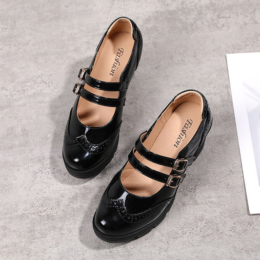 Women's Buckle Strap High Heel Mary Jane Patent Leather Chunky Heels