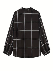  Grid Print Long Sleeve Blouse