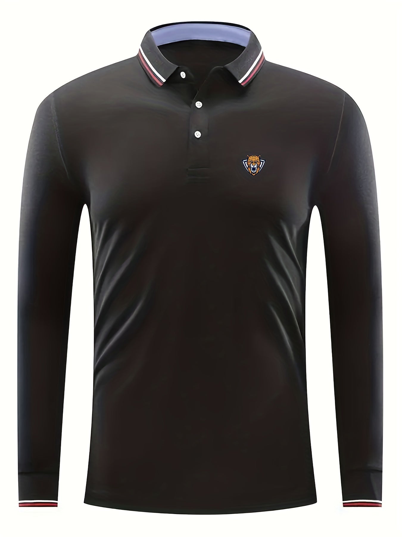 Men's Leopard Head Print Long Sleeve Polo Shirt Casual Slightly Stretch