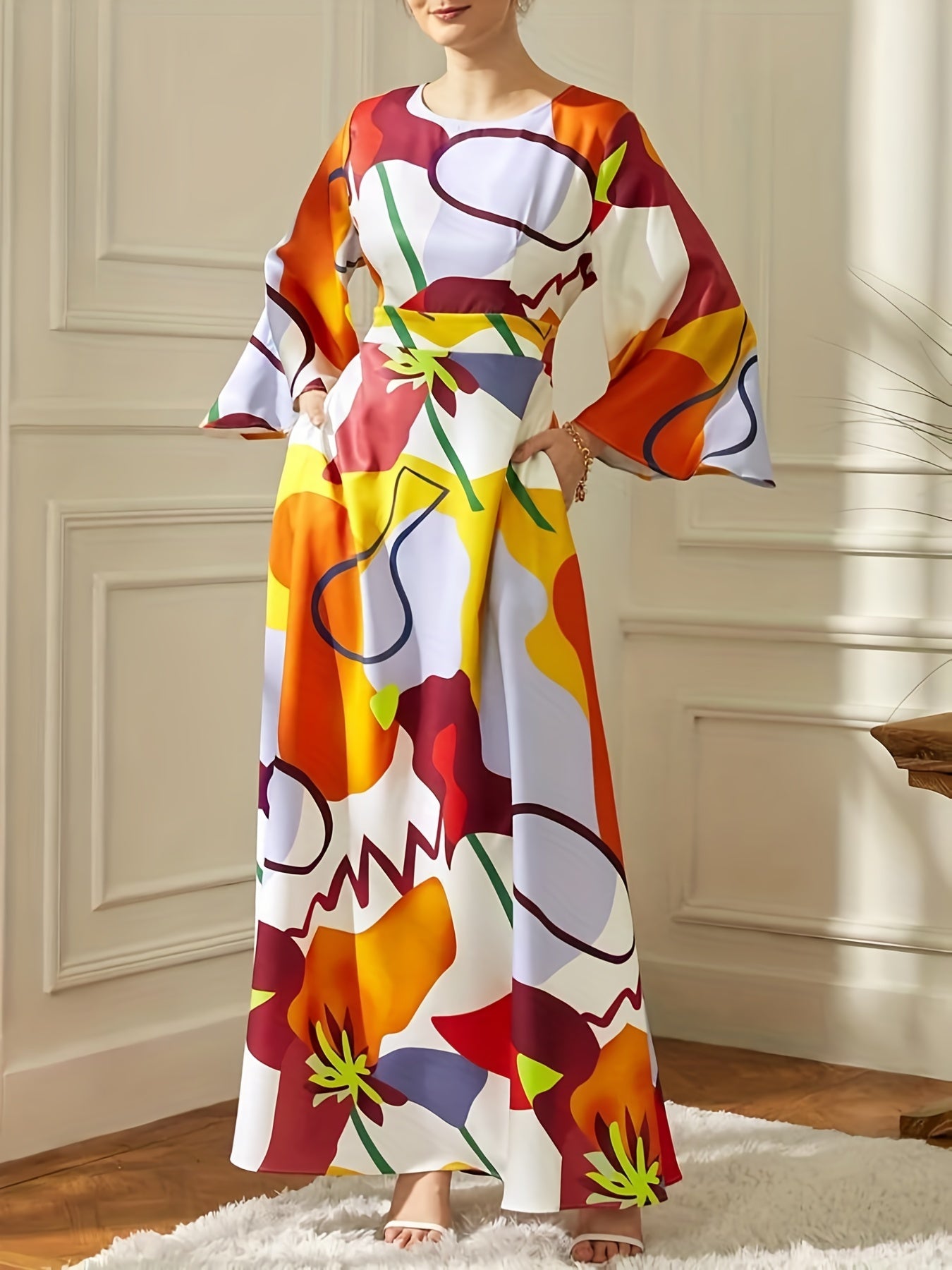  Abstract Print Maxi Dress With Pockets
