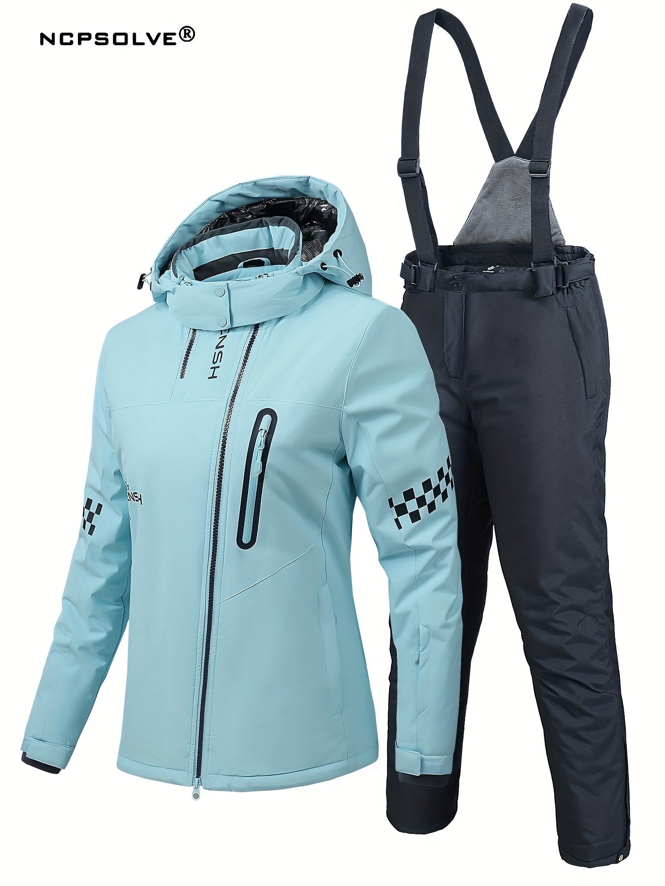 Checkerboard & Letter Print Ski Set Hooded Jacket & S