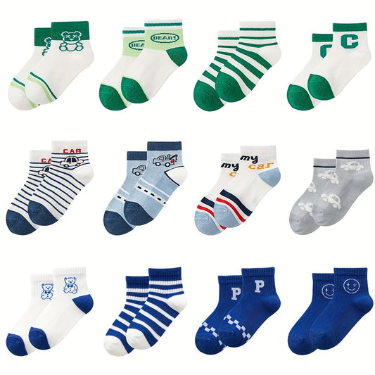 Boys Cartoon Car Striped Bear Smile Face Crew Socks