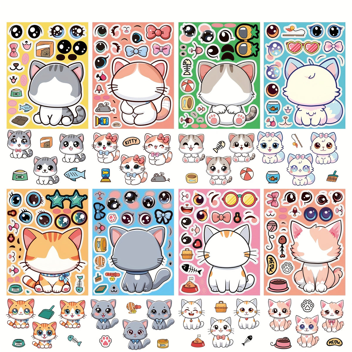 Cat Stickers Set - 8 Sheets Removable Self Adhesive Cartoon Decals