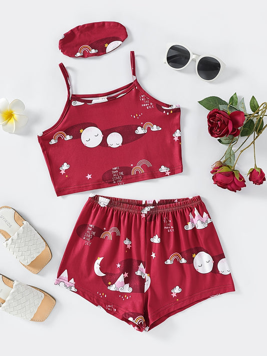 Girls Rainbow Moon Pajamas Set with Cami Top & Shorts