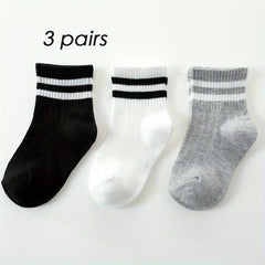 3 Pairs Boys Kids Striped Solid Socks For School Students Breathable Comfy
