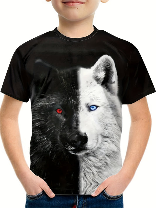 Boys' Wolf Graphic T Shirt: Breathable & Stretchy Tee for Outdoor Fun